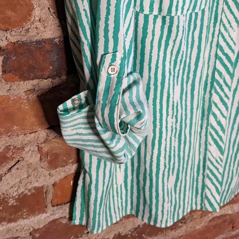 Notations Large Green‎ & White Vertical Striped Long Sleeve Button Down Shirt - Picture 3 of 11